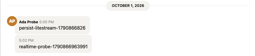A second browser showing a message it never asked for: Ada's realtime probe marker arrives in Bob's room with no reload