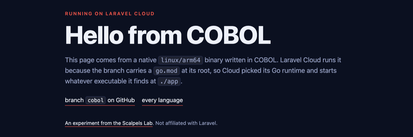 Hello from COBOL, served from Laravel Cloud by a statically linked GnuCOBOL binary